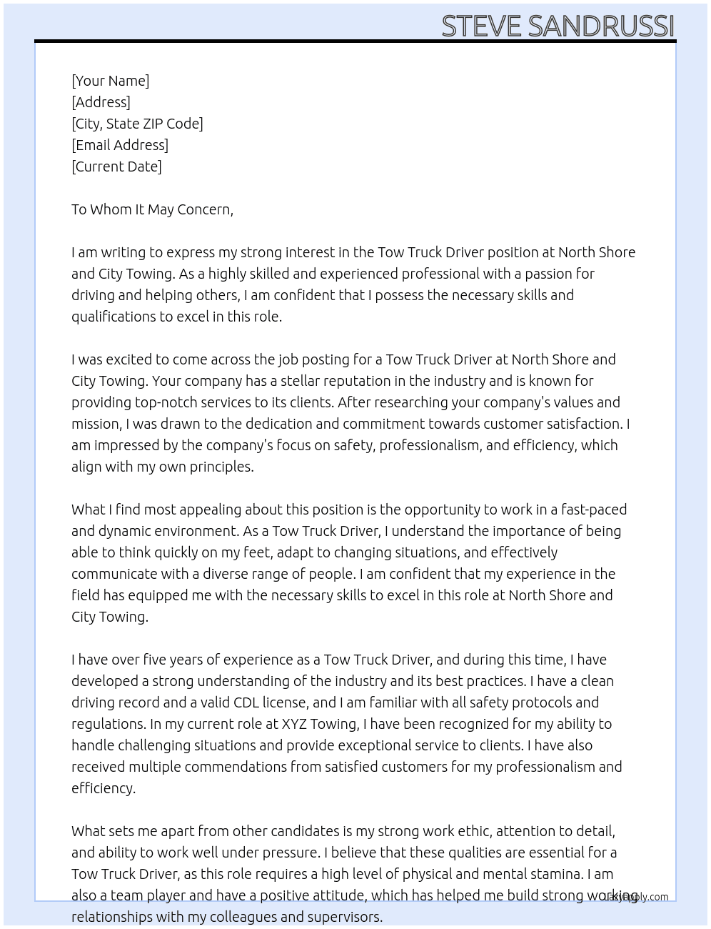 Tow Truck Driver At North Shore and City Towing Cover Letter