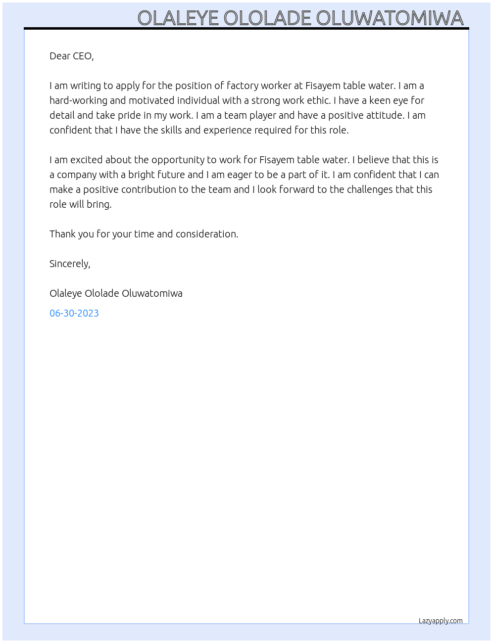 Factory worker At Fisayem table water  Cover Letter