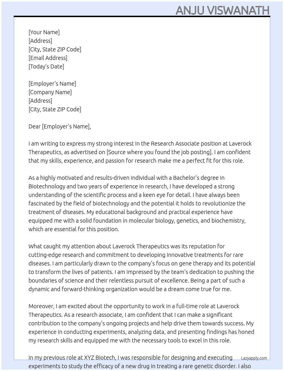 Research Associate At Laverock Therapeutics Cover Letter