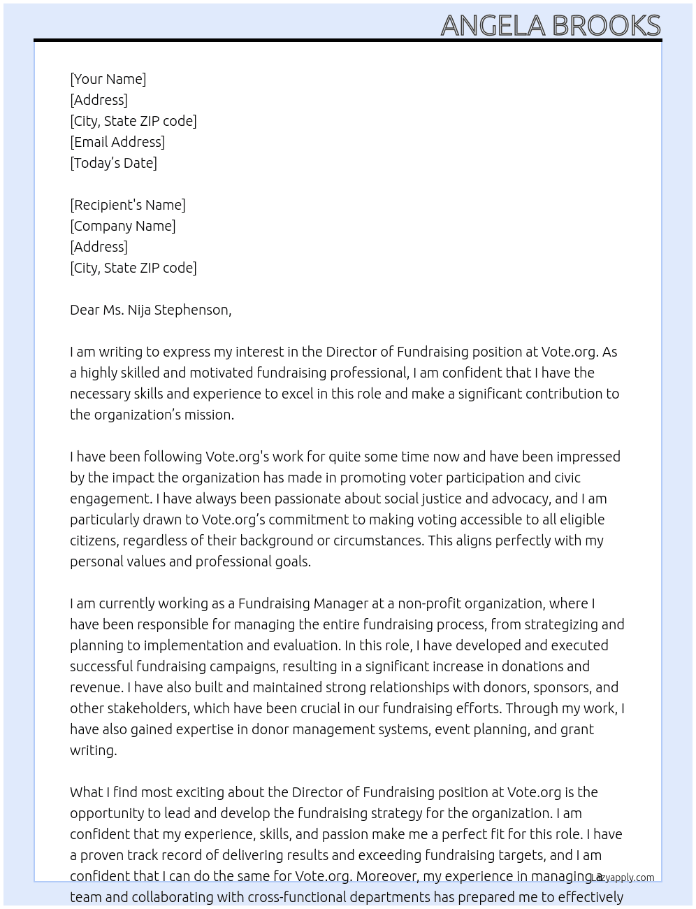 Director of Fundraising At Vote.org Cover Letter