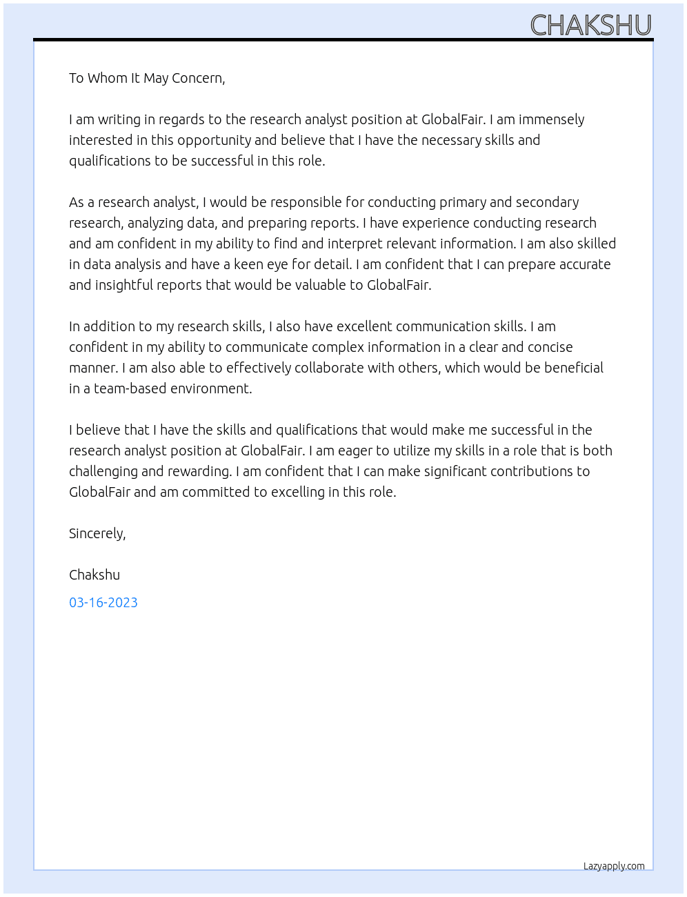 research analyst At GlobalFair Cover Letter