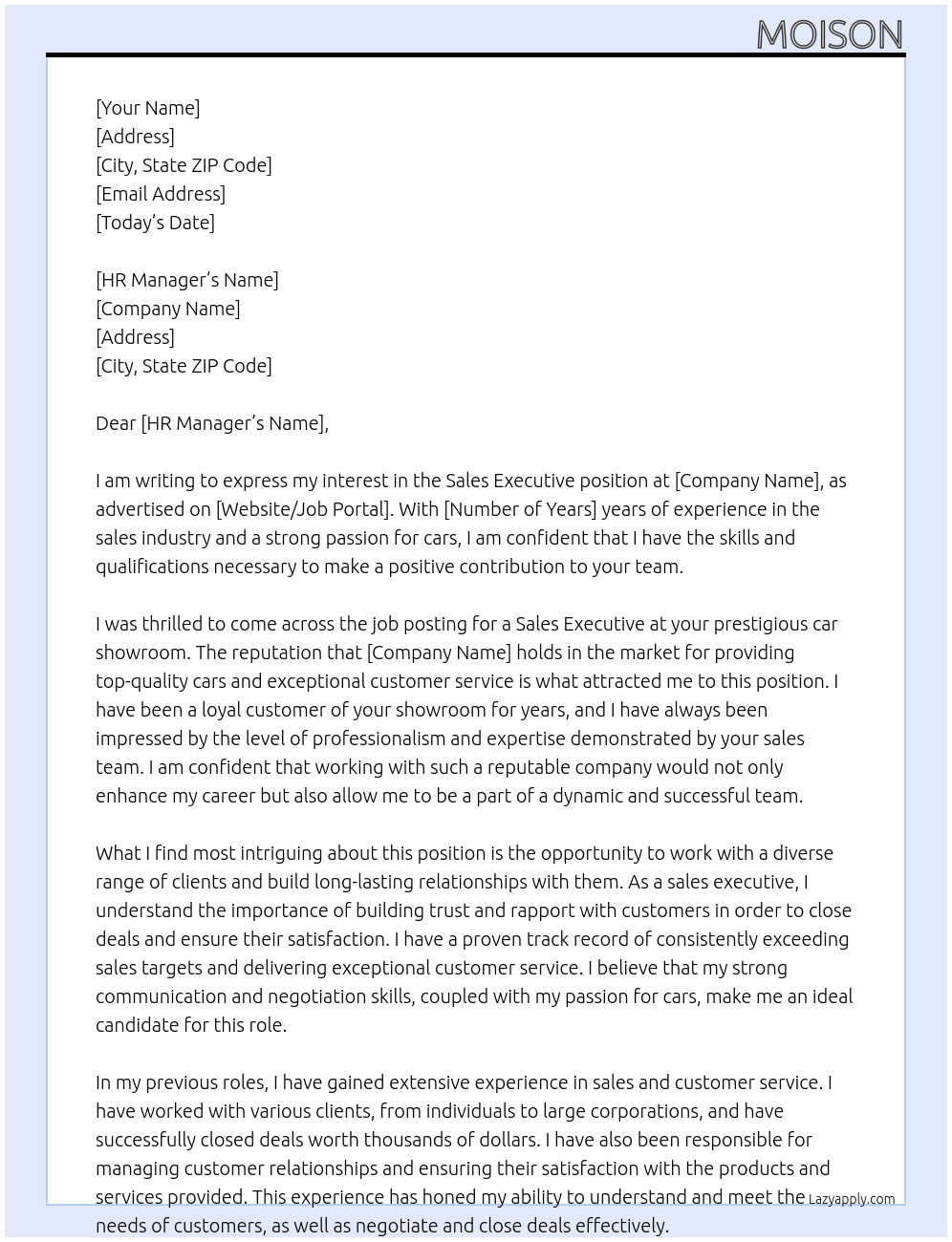 sales executive At car showroom Cover Letter