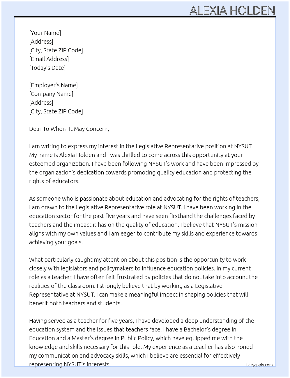 Legislative Representative At NYSUT Cover Letter