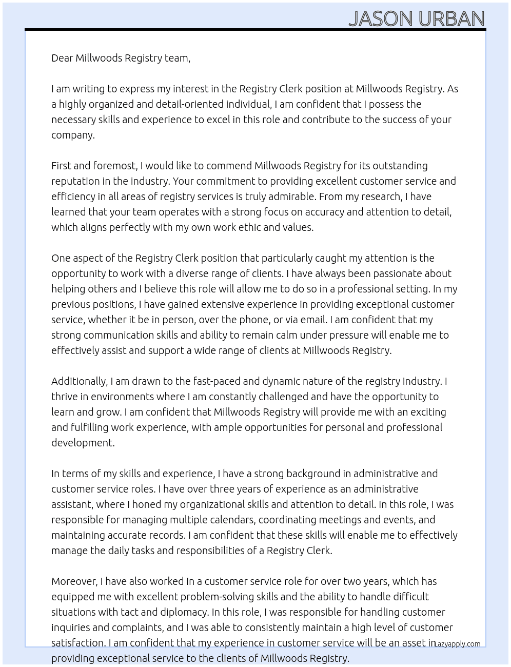 Registry Clerk At Millwoods Registry Cover Letter