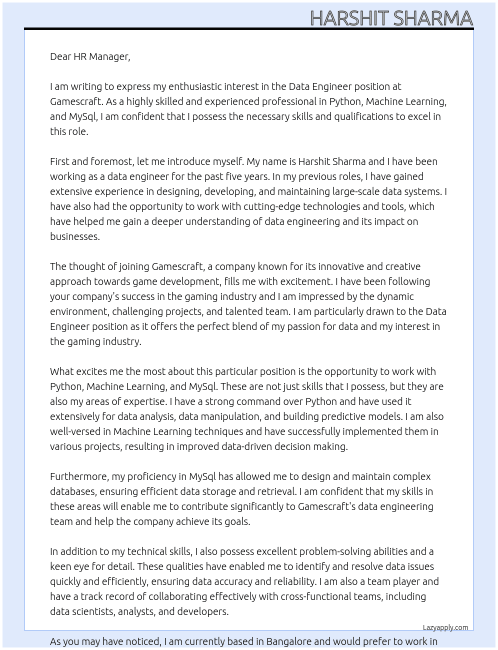 Data engineer At Gamescraft Cover Letter