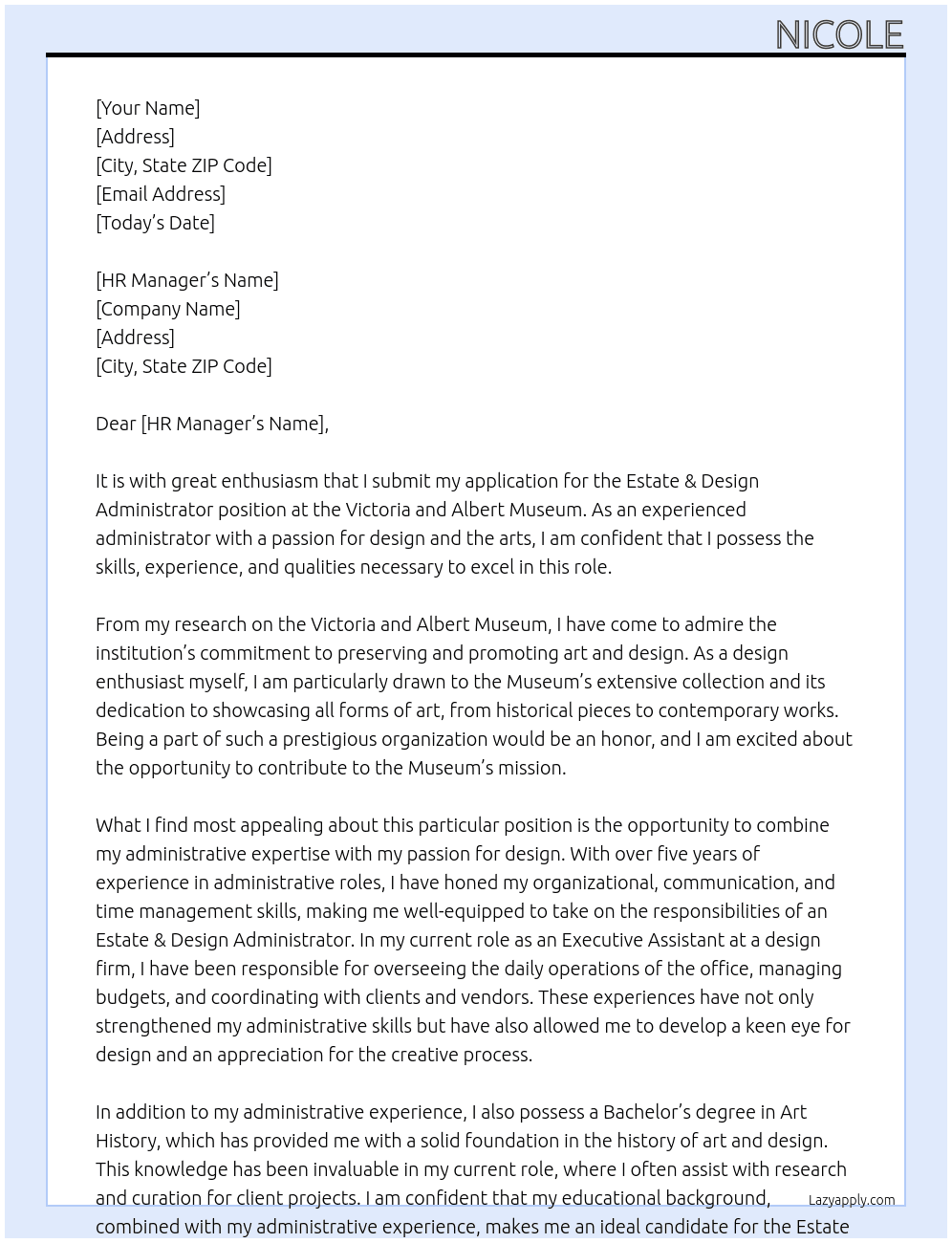 Estate & Design Administrator At victoria and albert museum Cover Letter