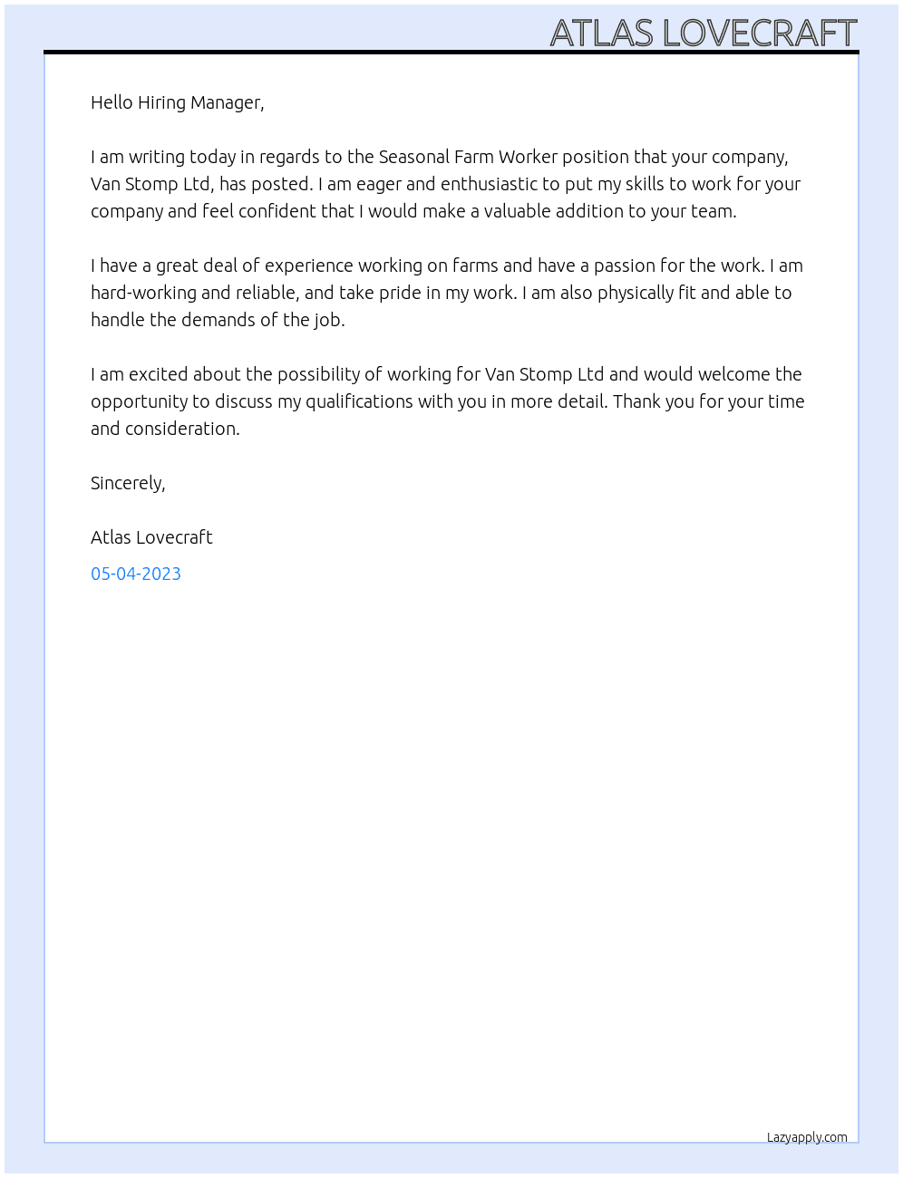 Seasonal Farm Worker At Van Stomp Ltd Cover Letter