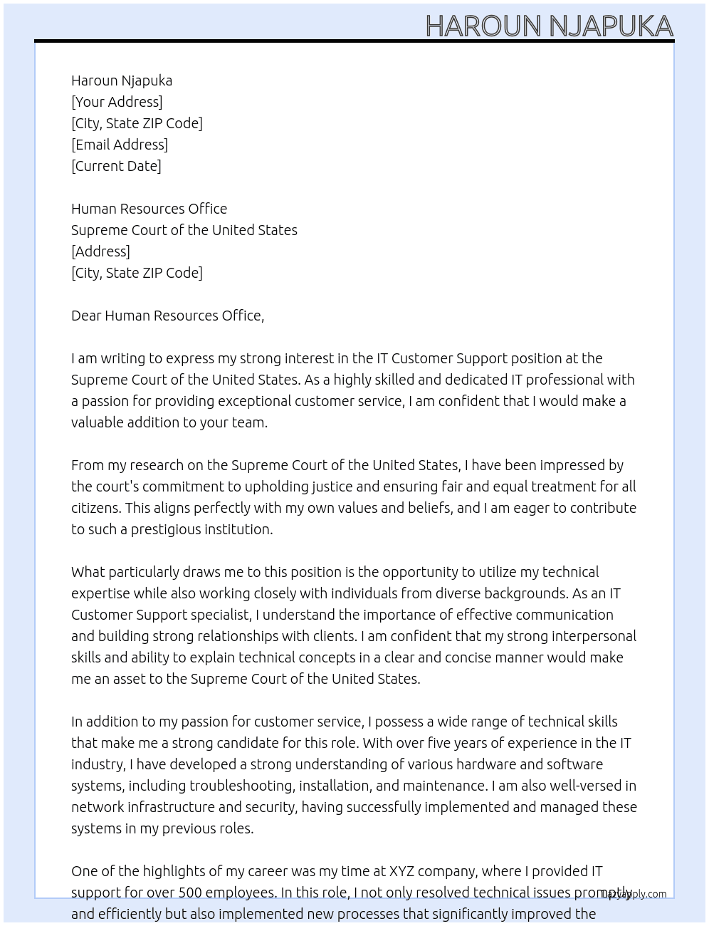 IT custome support At Supreme Court of the United States Cover Letter