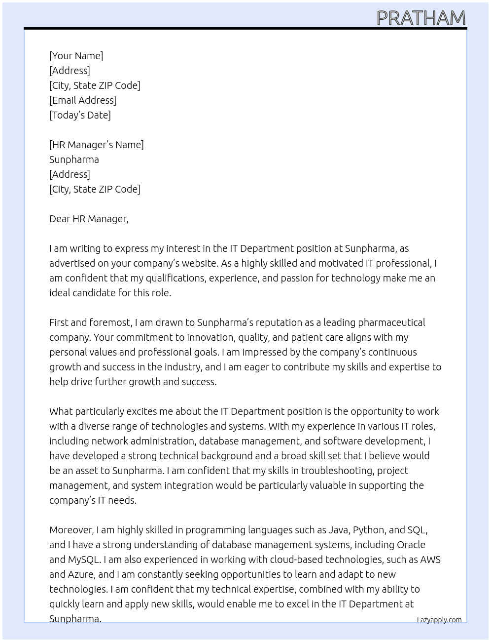 IT Department At Sunpharma Cover Letter