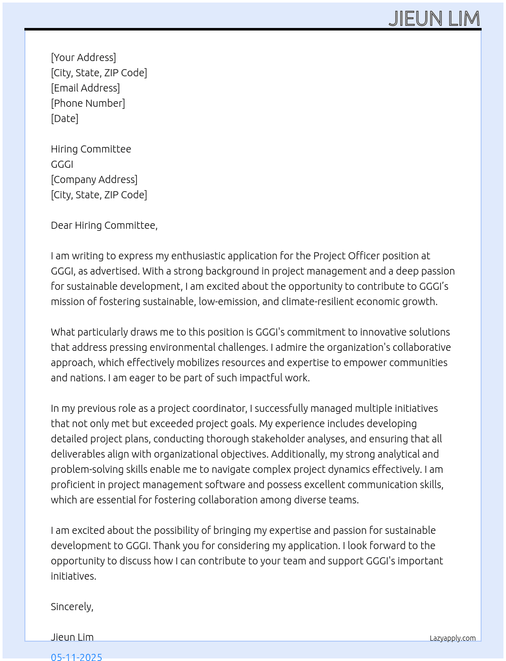 project officer At GGGI Cover Letter