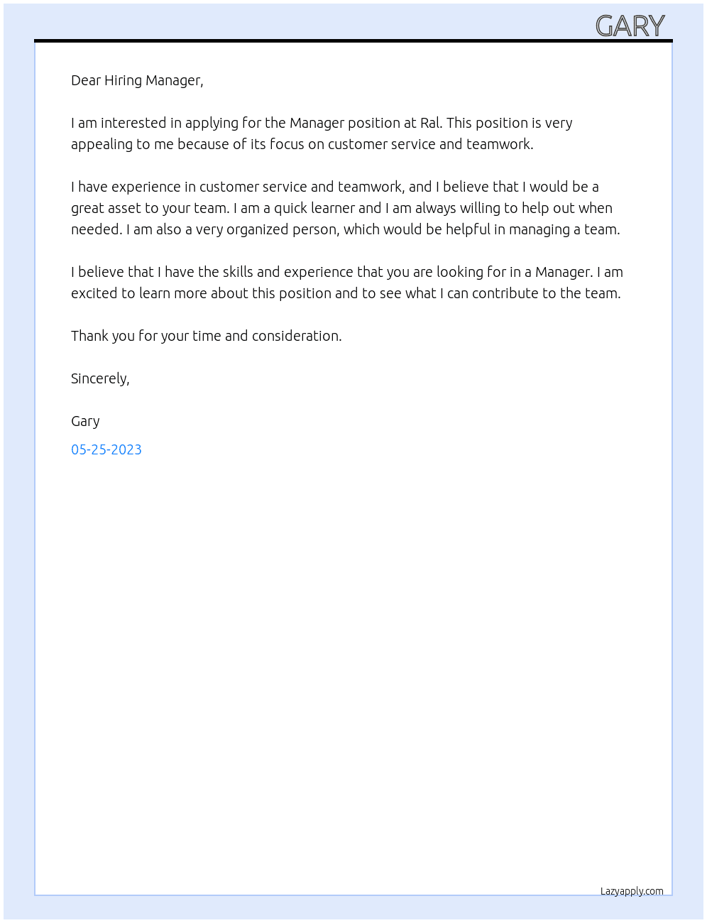 Manager At Ral Cover Letter