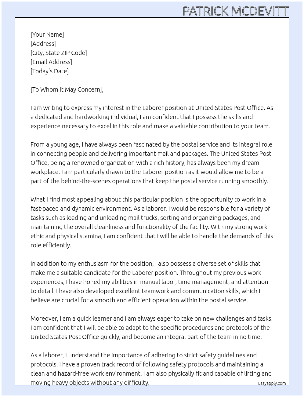 Laborer At United States Post Office Cover Letter