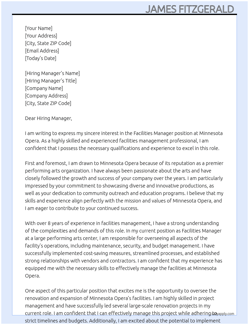 Facilities Manager  At Minnesota Opera  Cover Letter