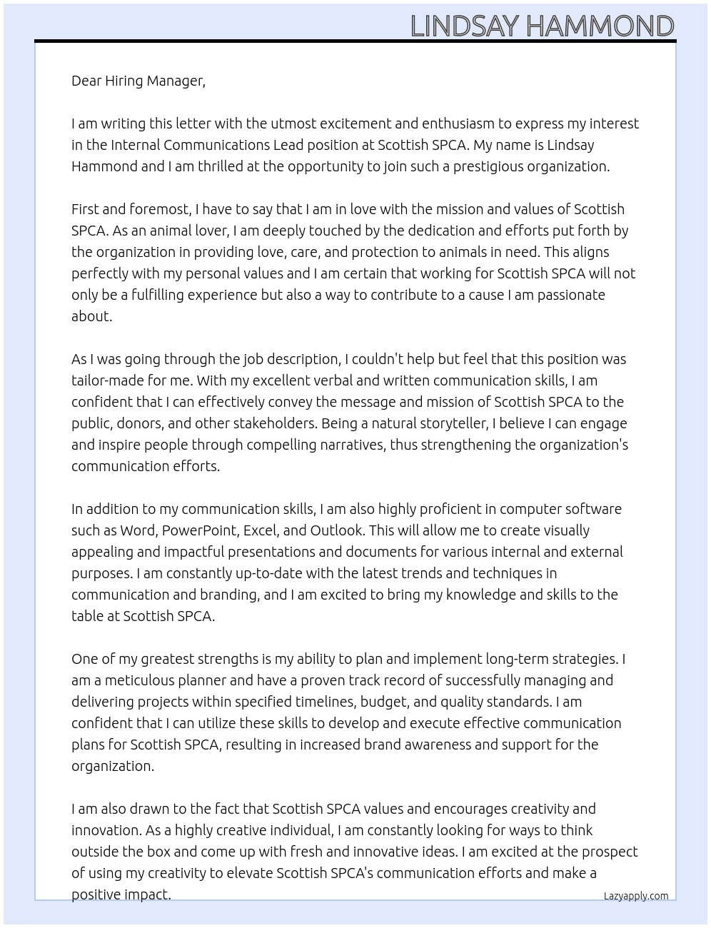 Internal Communications Lead   At Scottish SPCA Cover Letter