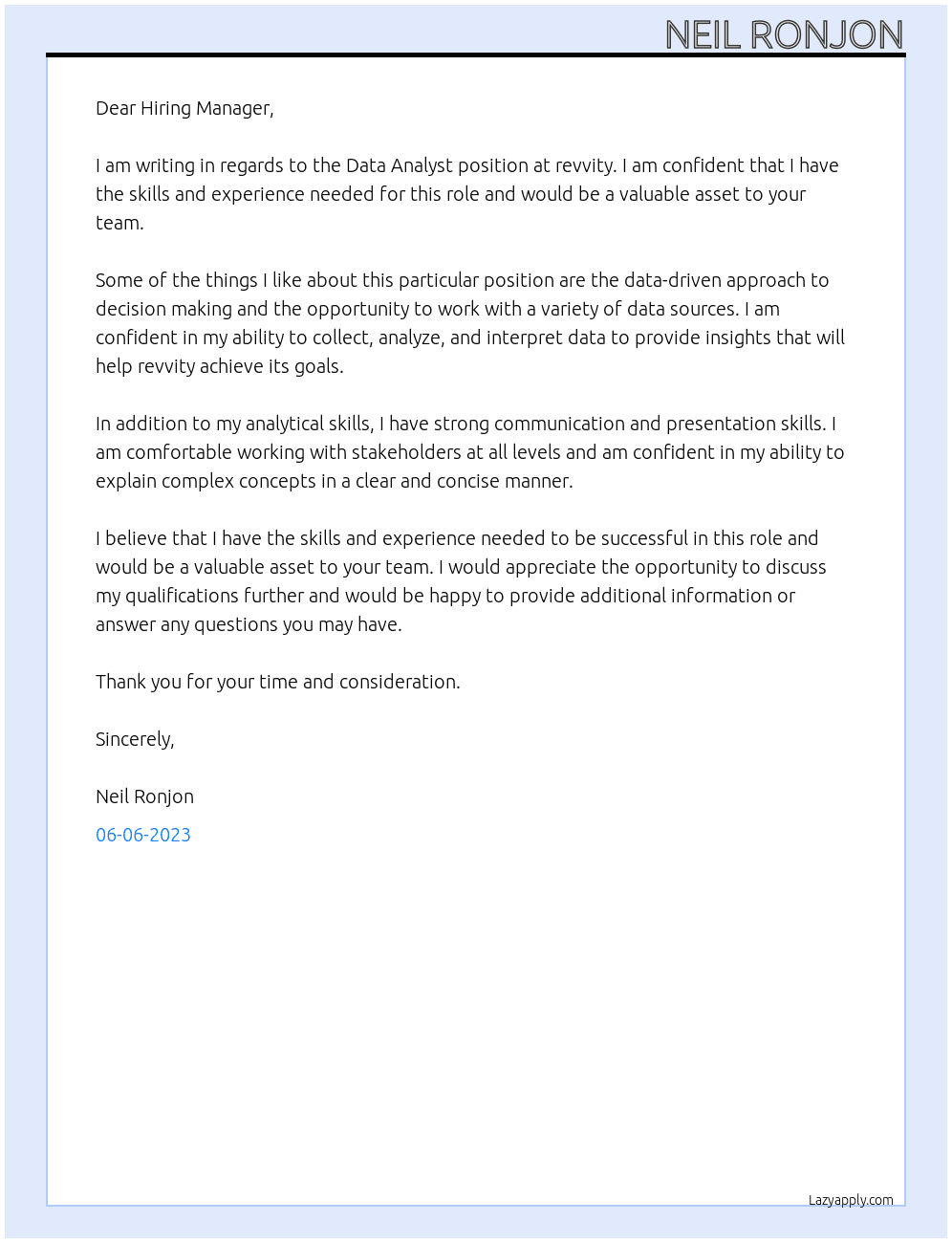 Data Analyst At revvity Cover Letter