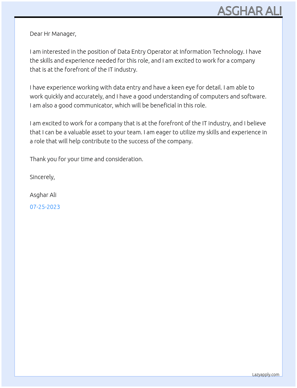 Data Entry operator  At Information technology  Cover Letter