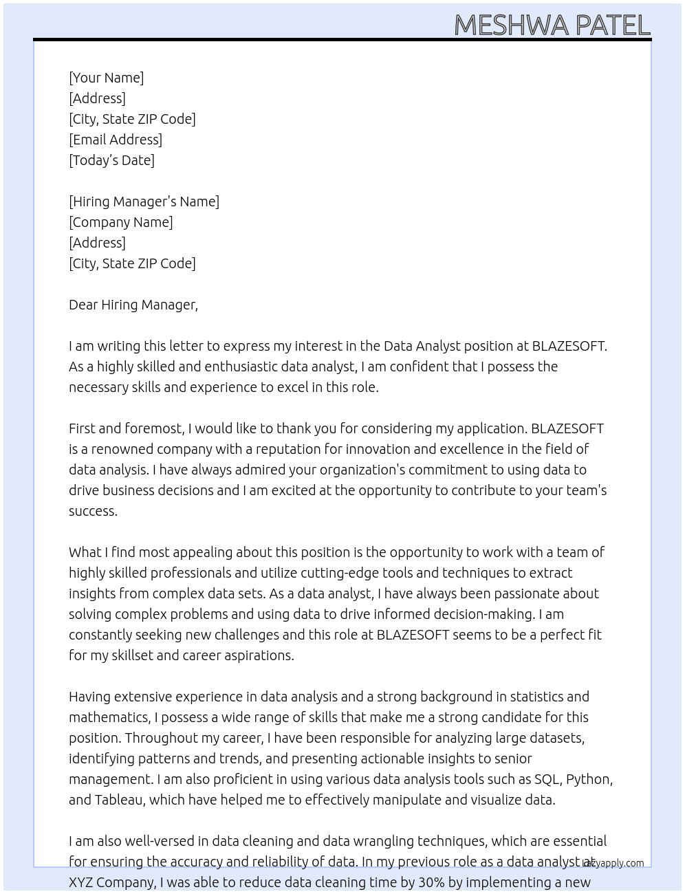 Data Analyst At BLAZESOFT Cover Letter