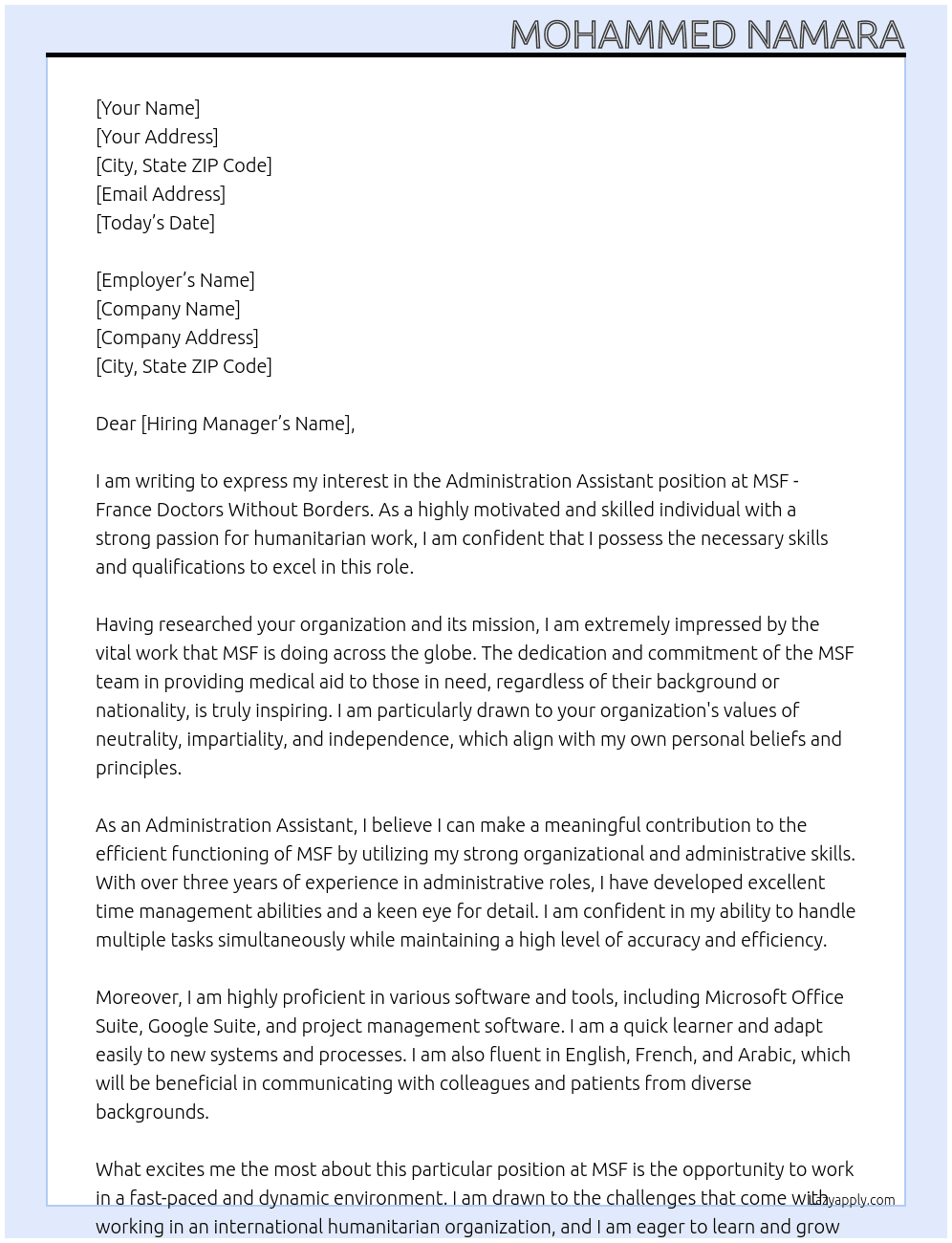 Administration Assistant At MSF - France Doctors Without Borders  Cover Letter
