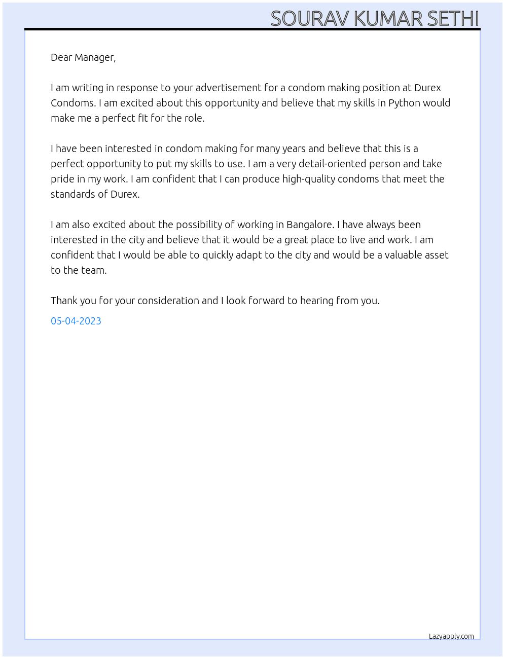 Condom Making At Durex Condoms Cover Letter
