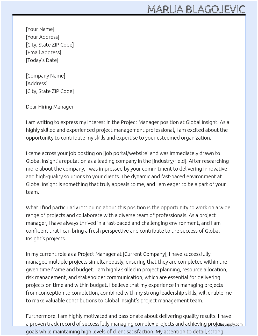 Project Manager At global insight Cover Letter