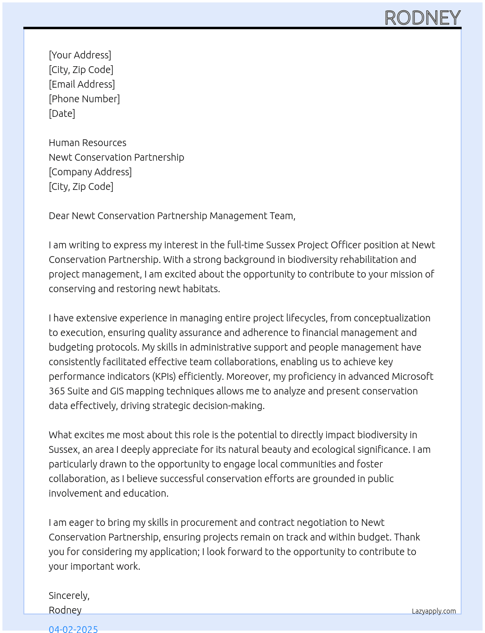 Sussex Project Officer At Newt Conservation partnership Cover Letter