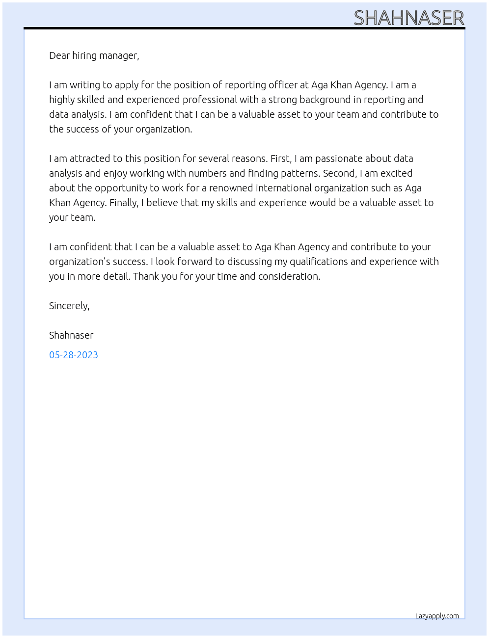 reporting officer At  Aga Khan Agency Cover Letter