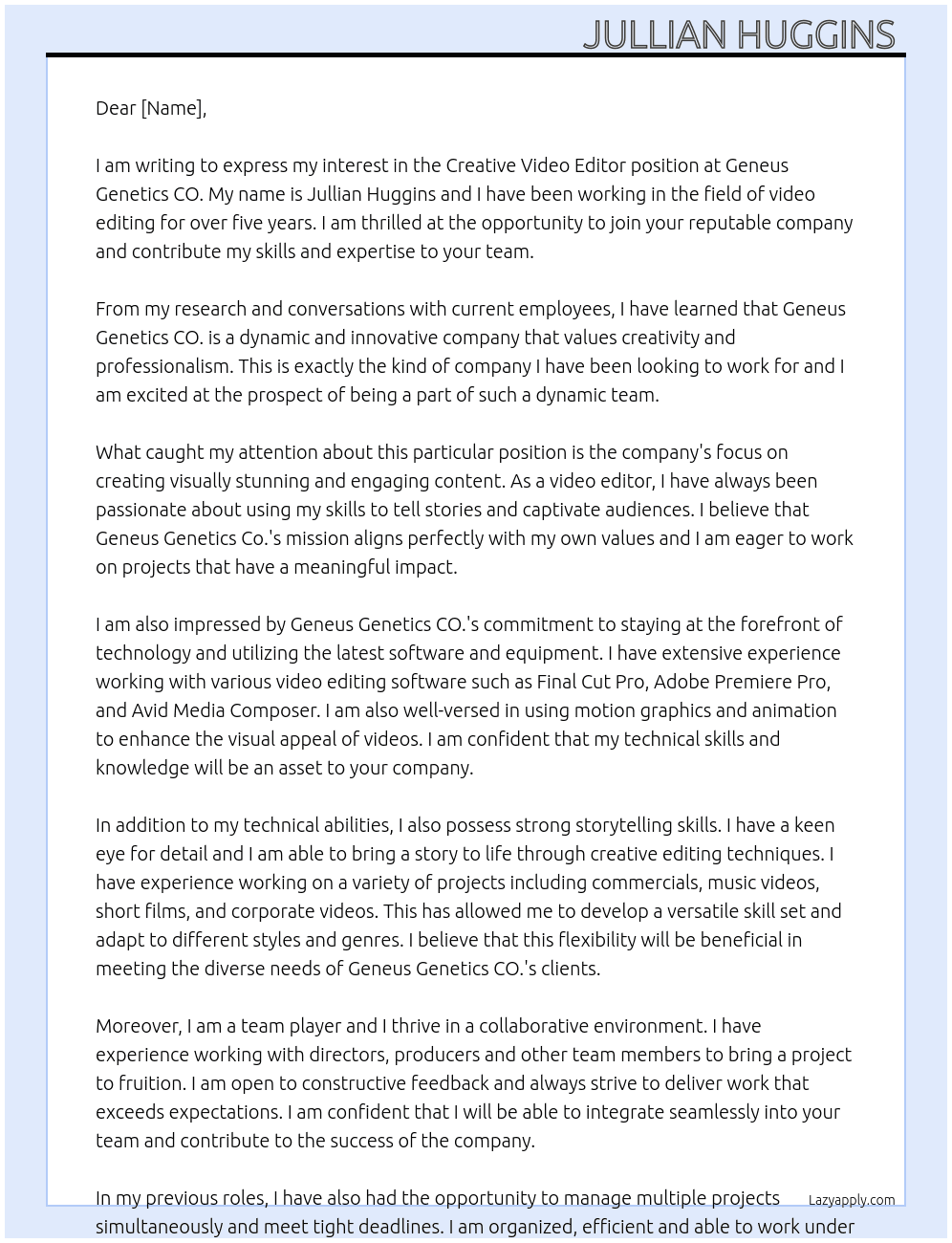 Creative video Editor  At Geneus Genetics CO. Cover Letter