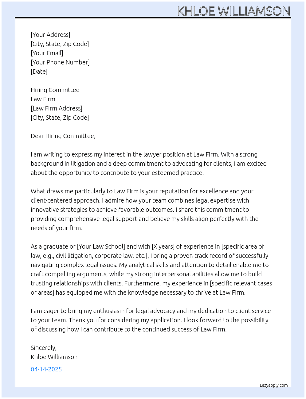lawyer At law firm Cover Letter