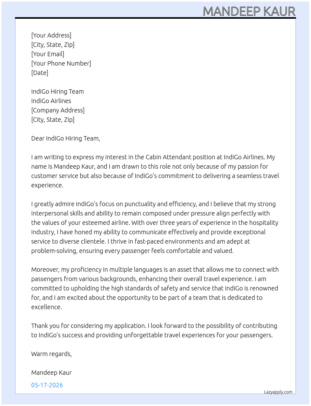 Cabin Attendant At Indigo Cover Letter