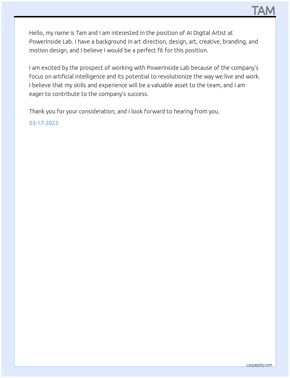 AI Digital Artist At PowerInside Lab Cover Letter