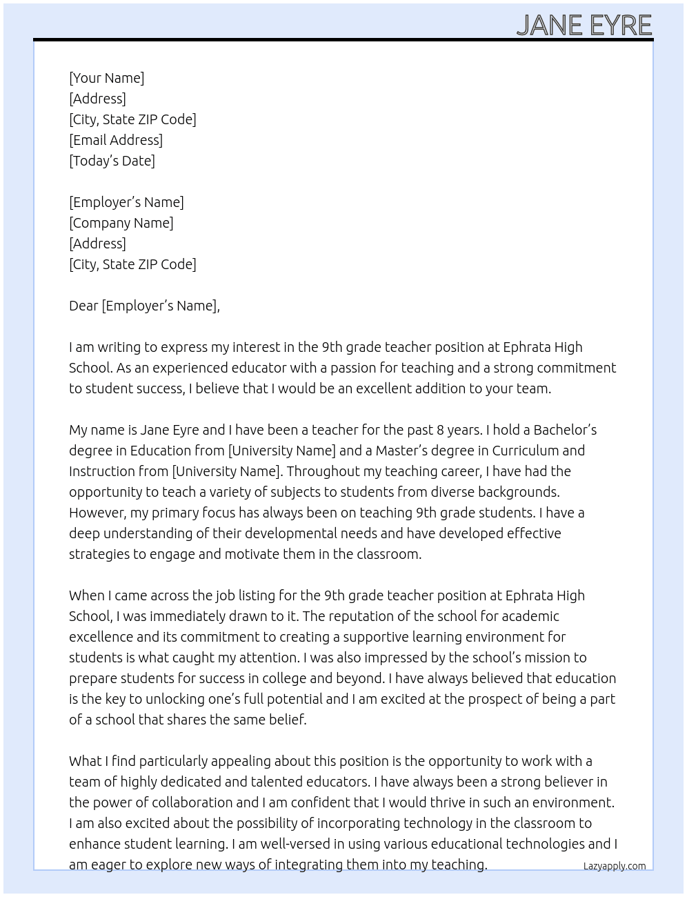 9th grade teacher At ephrata high school Cover Letter