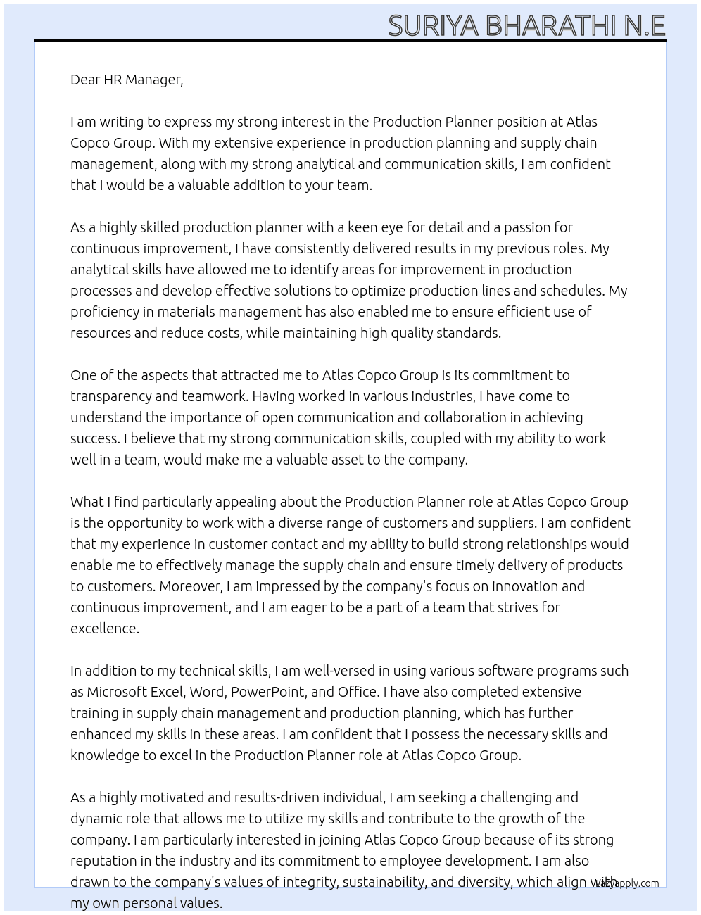 Production planner At Atlas Copco Grop Cover Letter