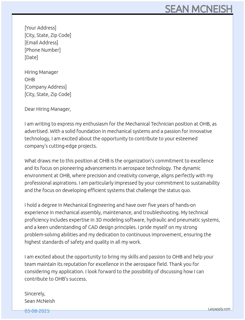 Mechanical technician  At OHB Cover Letter