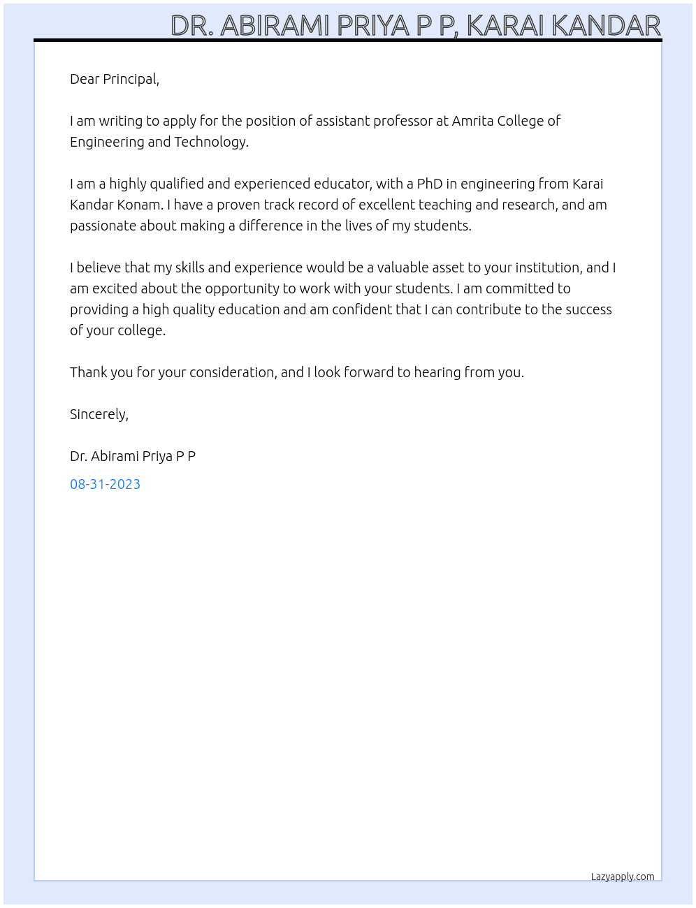 assistant professor At Amrita College of Engineering and Technology, Amritagiri, Erachakulam, Nagercoil  Cover Letter