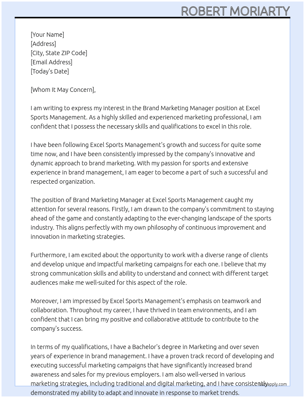 Brand Marketing Manager At Excel Sports Management Cover Letter