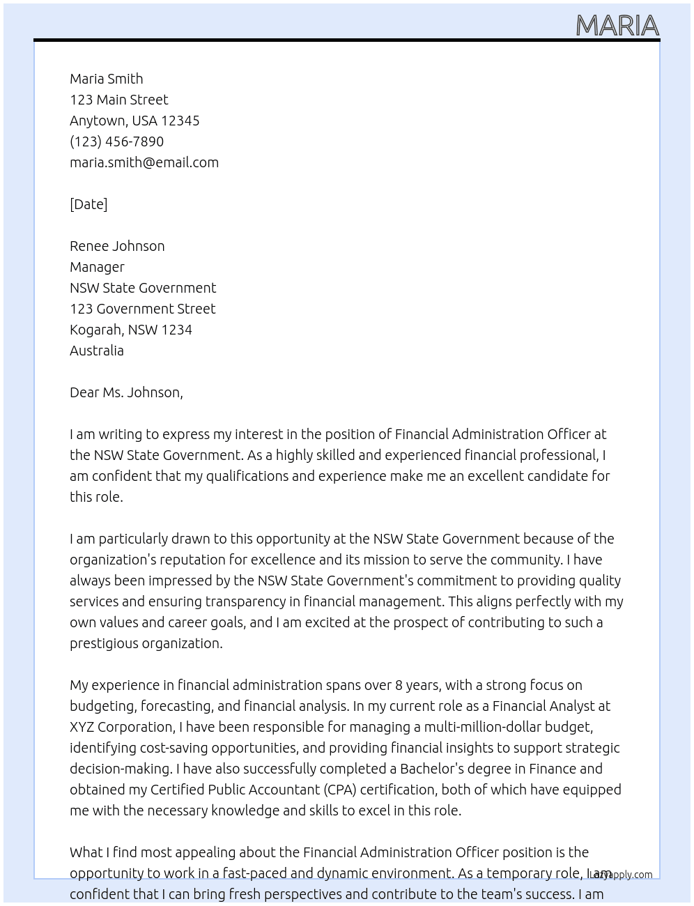 Financial Administration Officer At NSW State Government Cover Letter