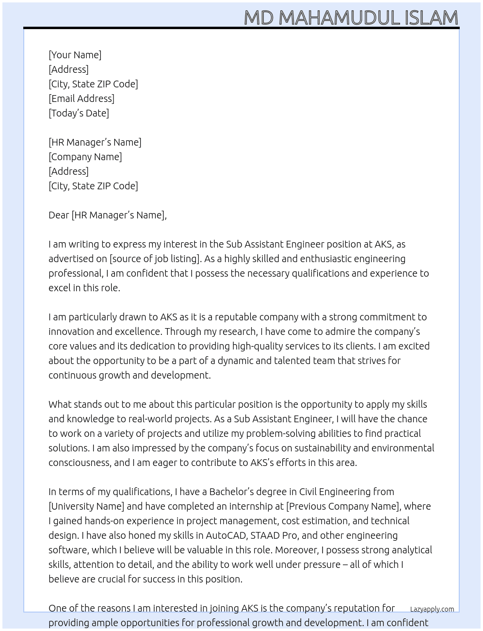 Sub Assistant Engineer At AKS Cover Letter