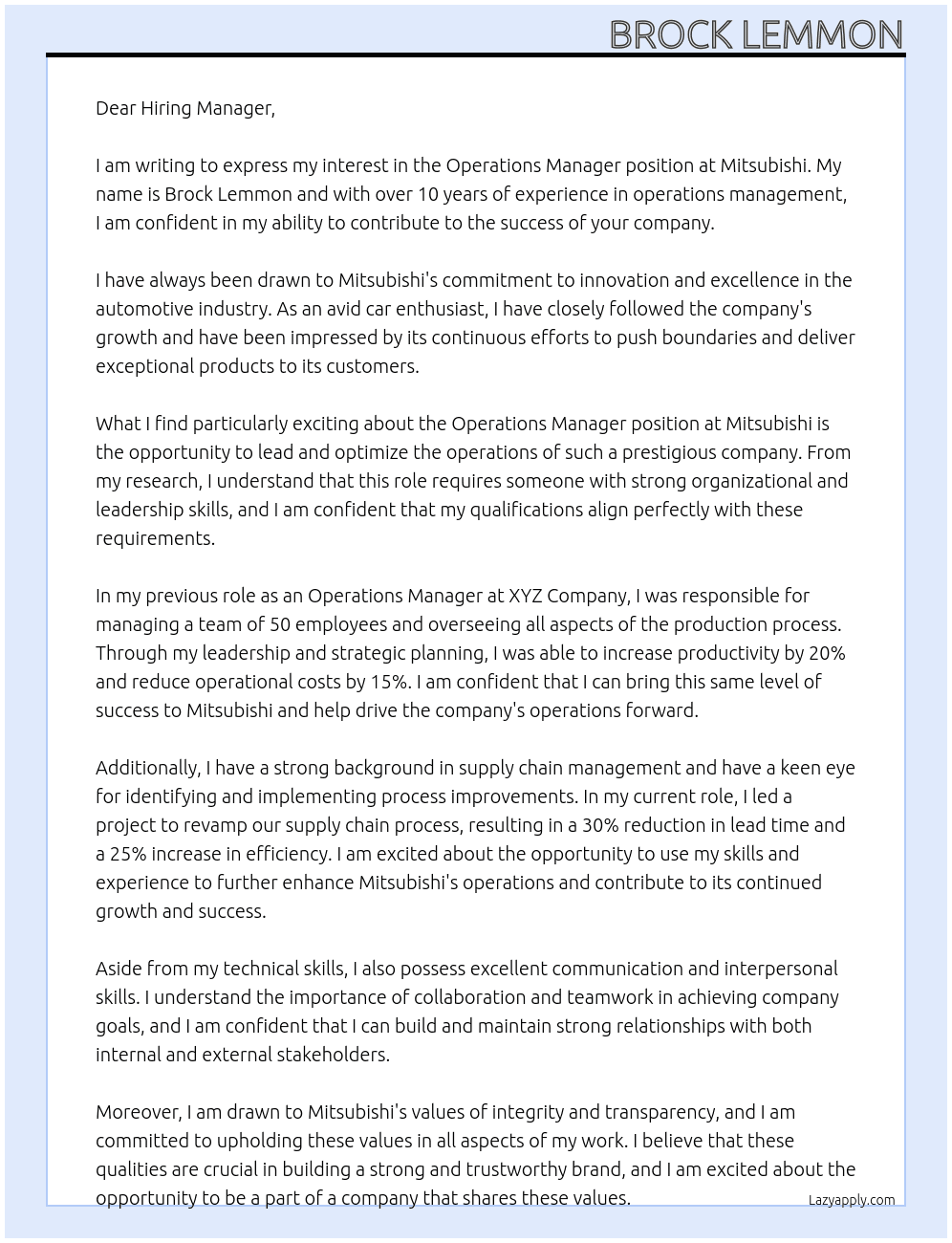 Operations Manager At Mitsubishi Cover Letter