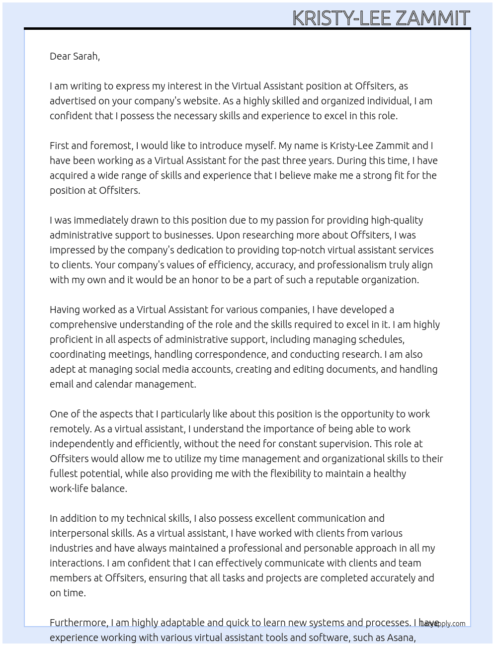 Virtual Assistant At Offsiters Cover Letter