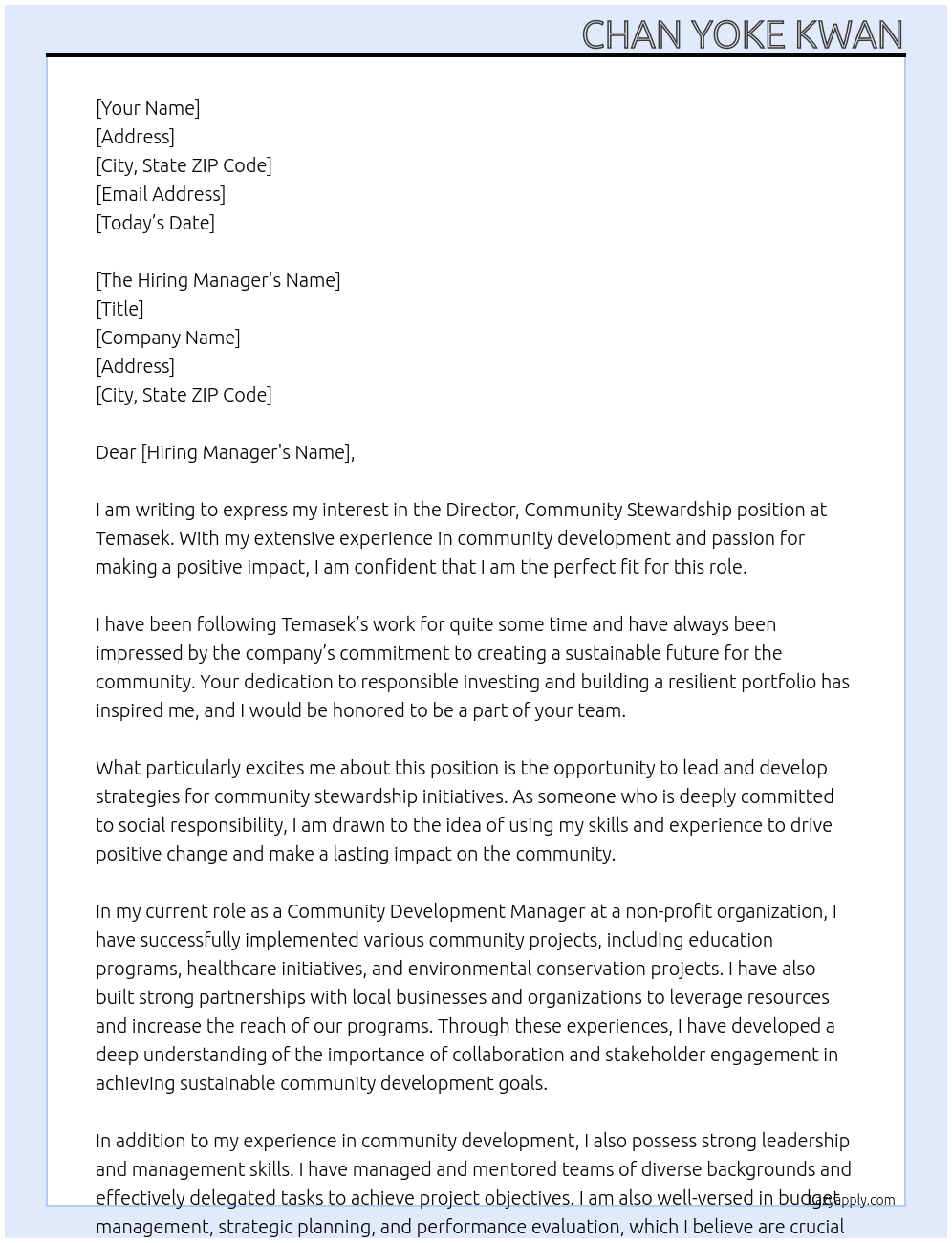 Director, Community Stewardship At Temasek Cover Letter