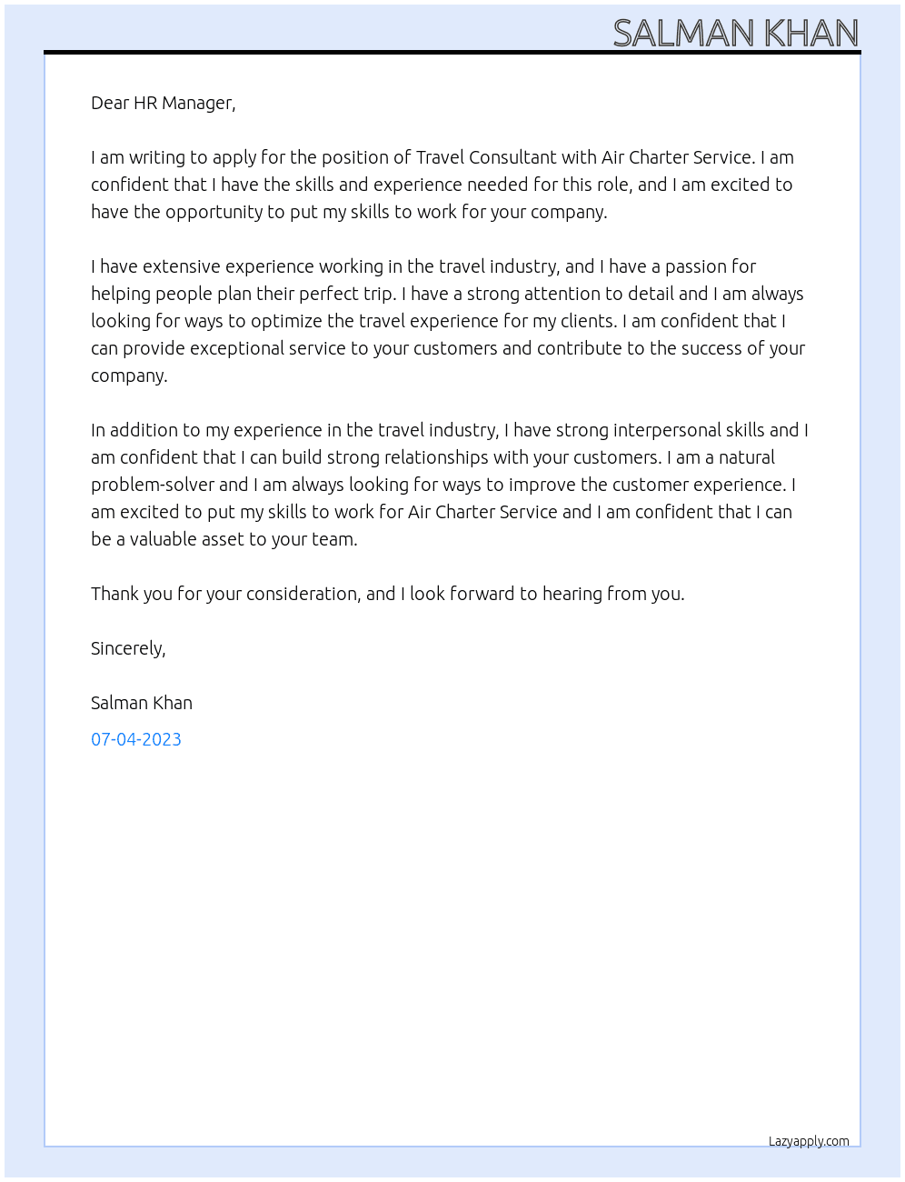 Travel Consultant At Air Charter Service Cover Letter
