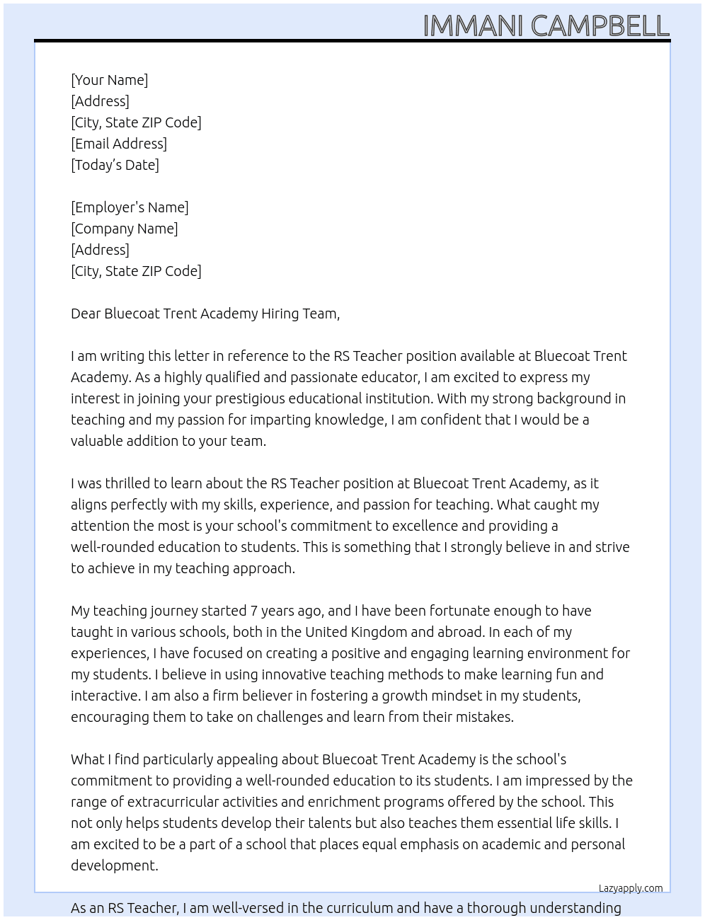 RS Teacher At Bluecoat Trent Academy Cover Letter