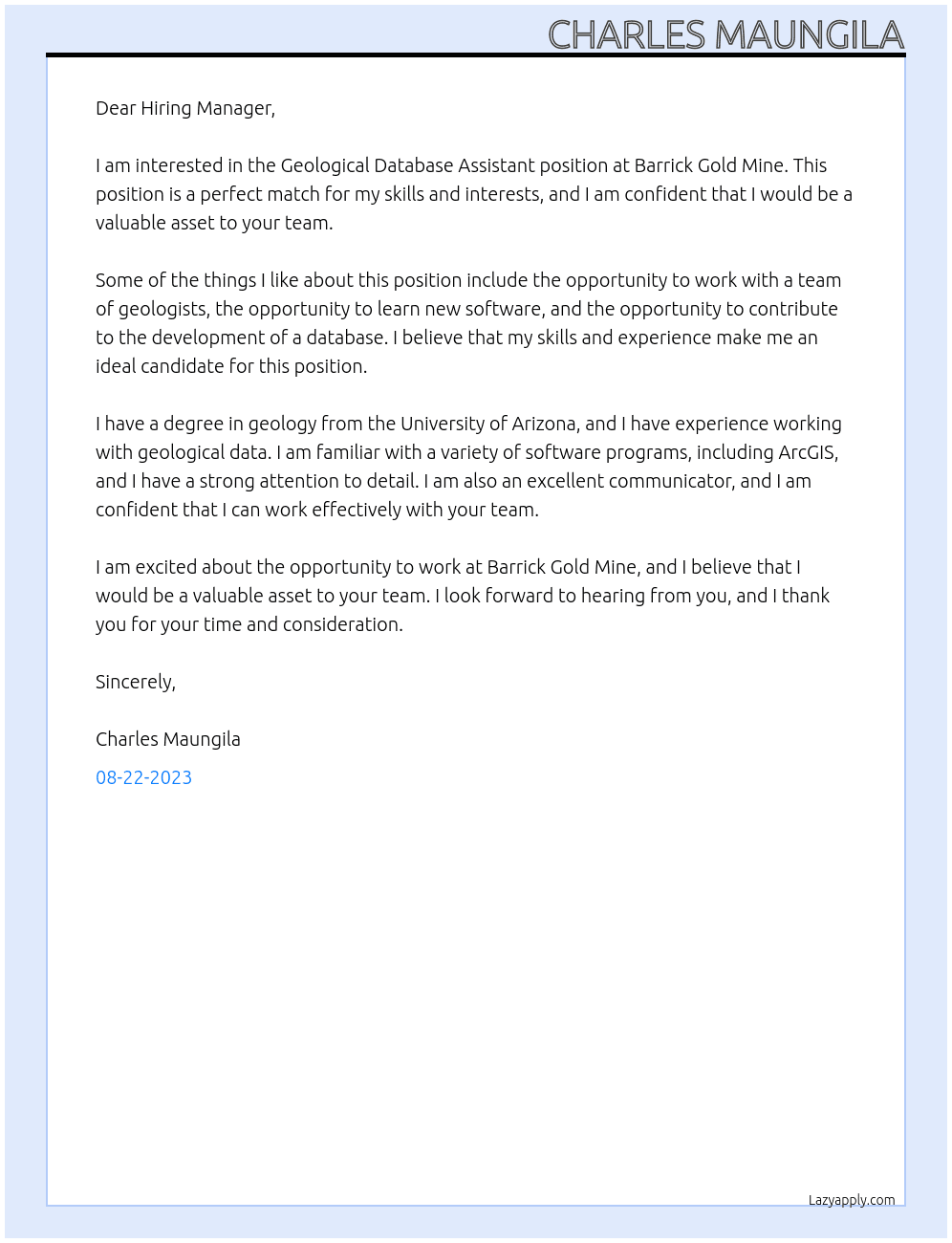 Geological Database Assistant At Barrick Gold Mine Cover Letter