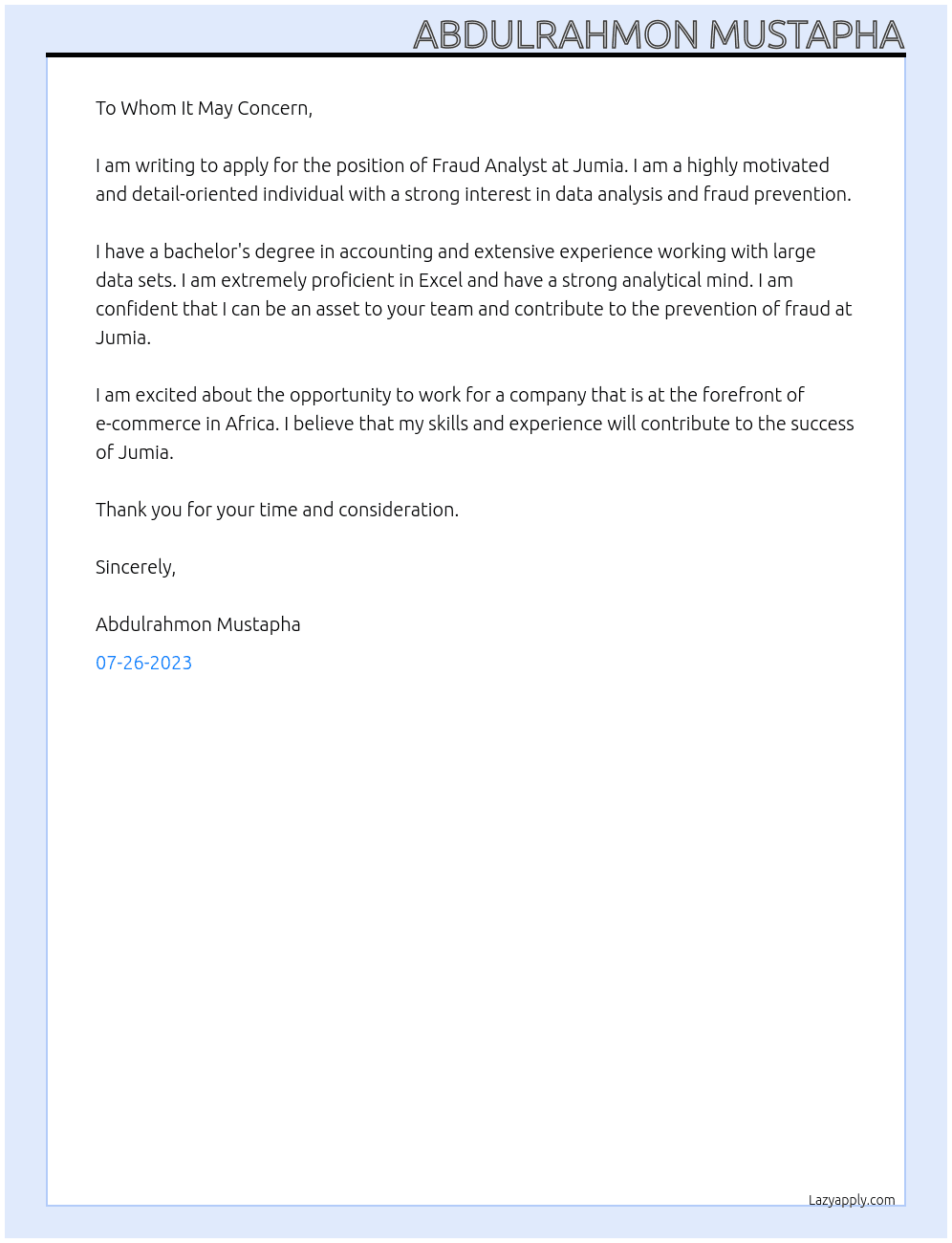 Fraud Analyst  At Jumia Cover Letter