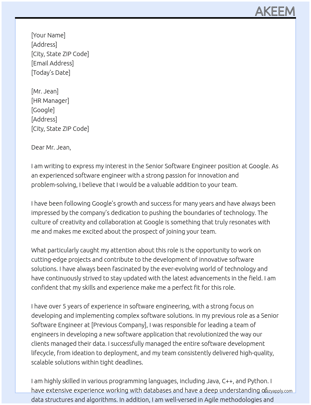 sr software engineer At google Cover Letter