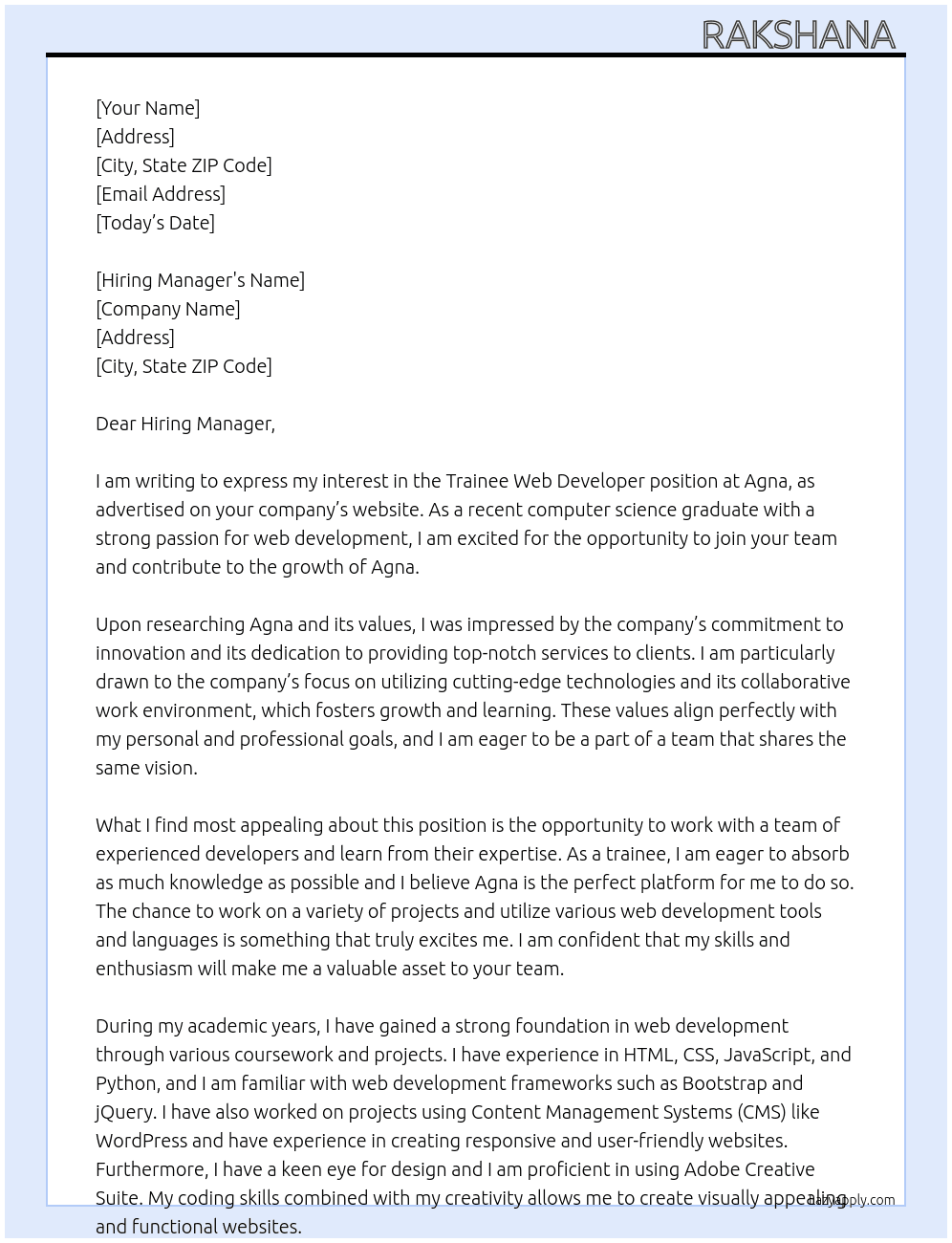 Trainee web developer  At Agna  Cover Letter