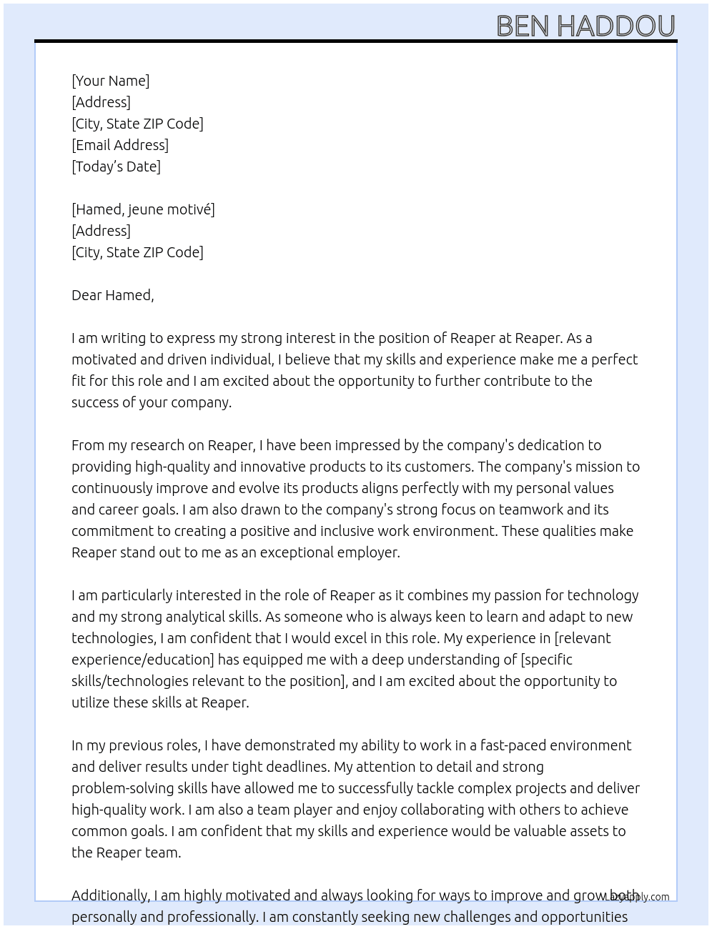 Reaper  At Reaper Cover Letter