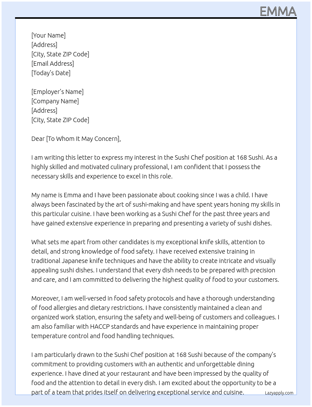 Sushi Chef At 168 Sushi Cover Letter