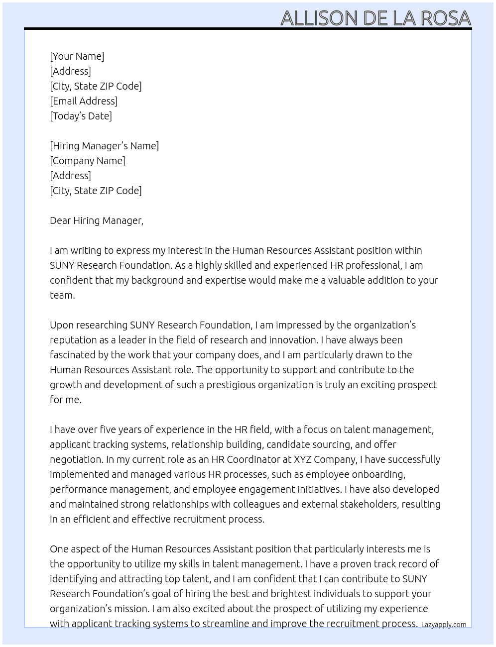 Human Resources Assistant At SUNY Research Foundation Cover Letter