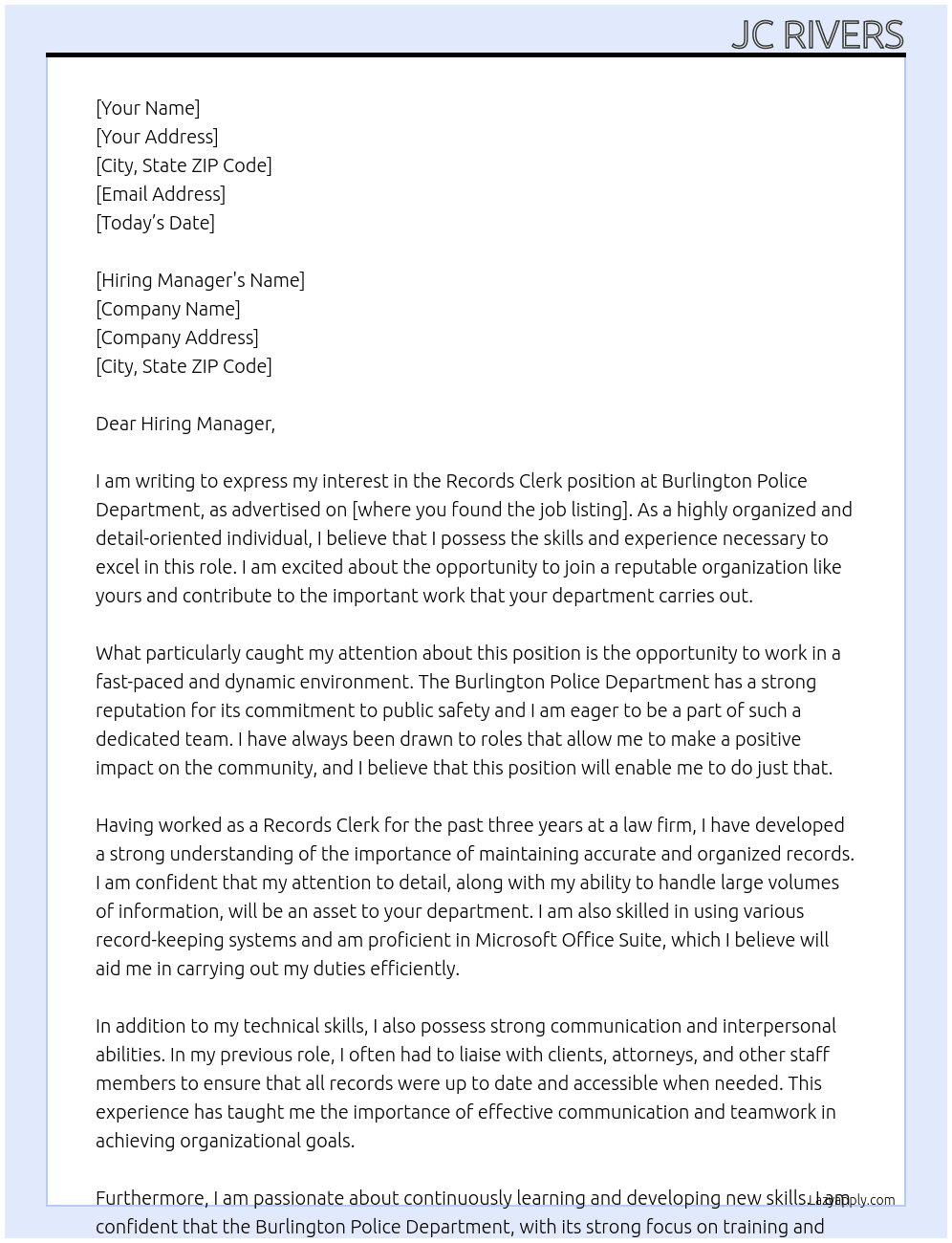 Records Clerk At Burlington Police Deparment Cover Letter